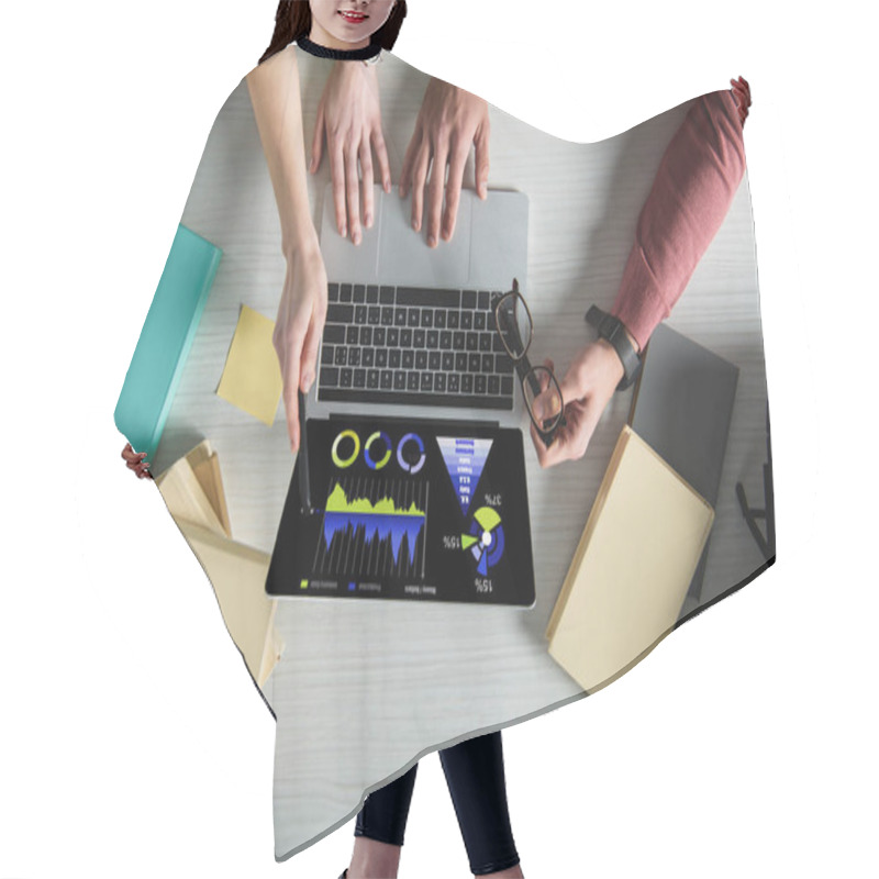 Personality  Cropped View Of Woman Pointing At Laptop With Charts And Praphs On Screen Near Man Holding Glasses Hair Cutting Cape