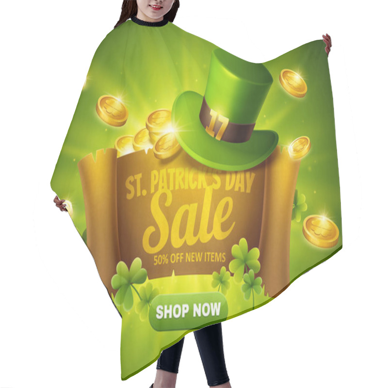 Personality  St. Patrick's Day Sale Popup Ads On Scroll With Green Leprechaun Hat And Golden Coins Hair Cutting Cape