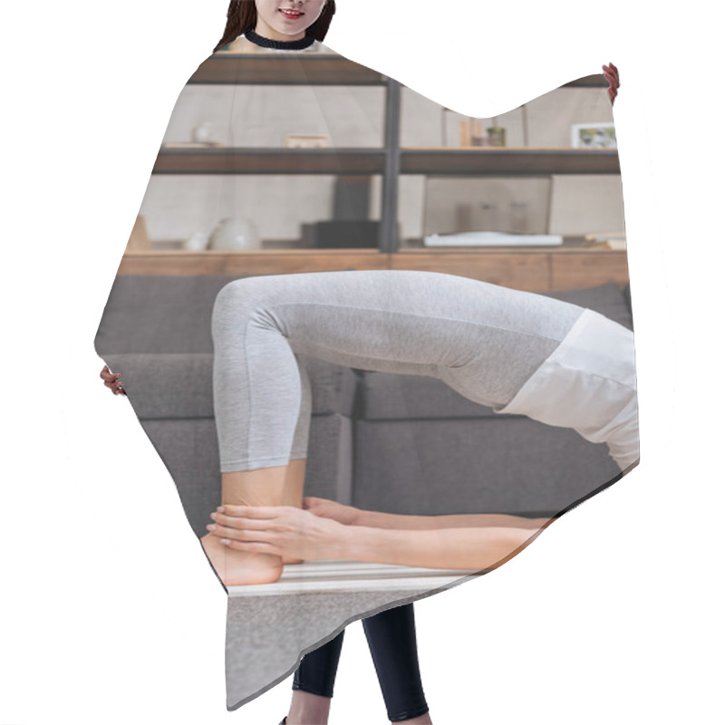 Personality  Cropped View Of Woman Practicing Bridge Pose At Home In Living Room Hair Cutting Cape