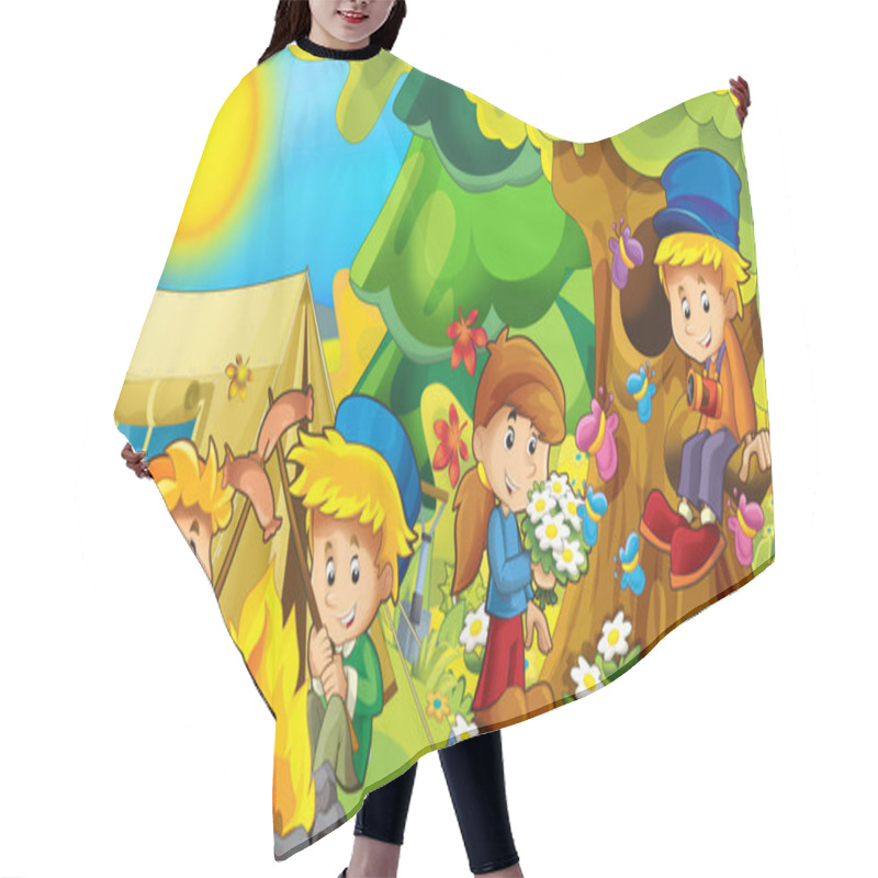 Personality  Cartoon Autumn Nature Background In The Mountains With Kids Having Fun Camping With Tent With Space For Text - Illustration For Children Hair Cutting Cape