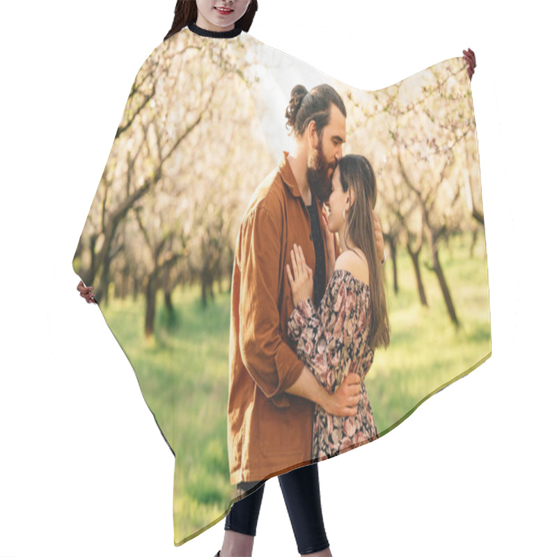 Personality  A Couple Embraces In A Blooming Orchard During Spring, Love And Nature In Harmony, Creating A Romantic Scene Hair Cutting Cape