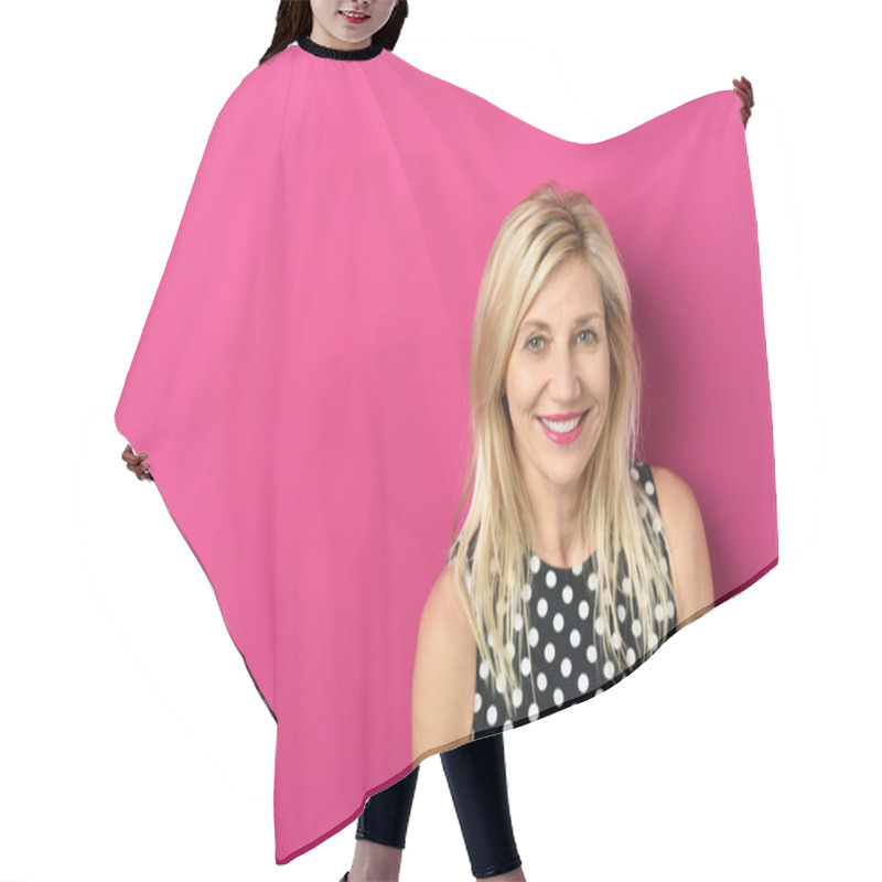 Personality  Cheerful Blond Woman Hair Cutting Cape