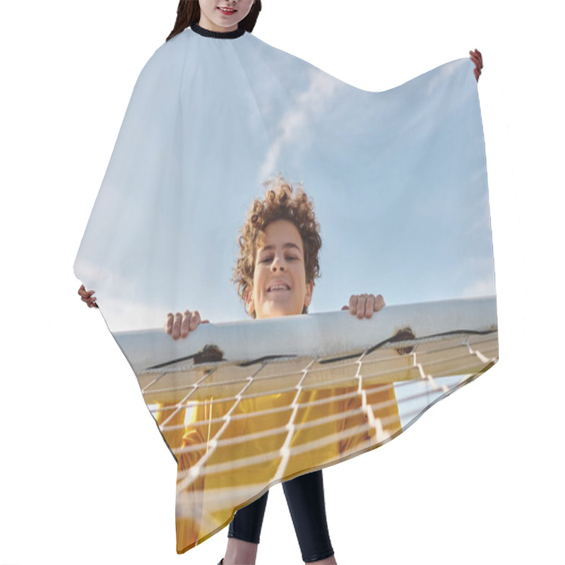 Personality  A Peaceful Moment Captured As A Young Boy Delicately Holds A Surfboard Above A Hammock, Embodying The Carefree Spirit Of Summer By The Beach. Hair Cutting Cape