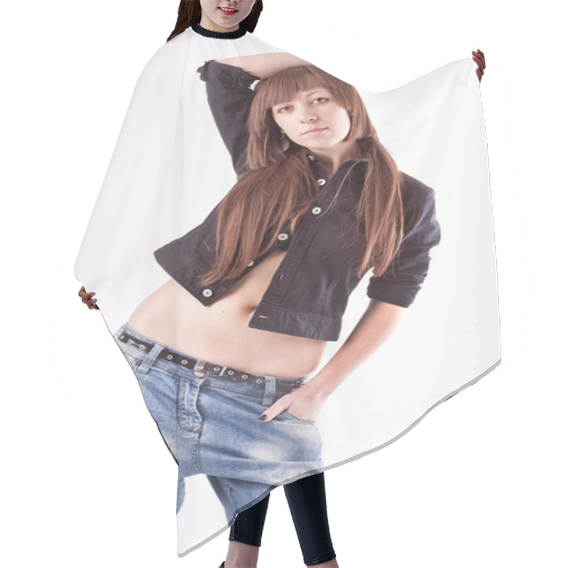 Personality  Portrait Of Brunette Girl With Slim Body In Jeans And Shirt Hair Cutting Cape