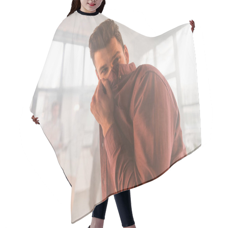 Personality  Selective Focus Of Businessman Covering Face Near Coworkers In Office With Smoke Hair Cutting Cape