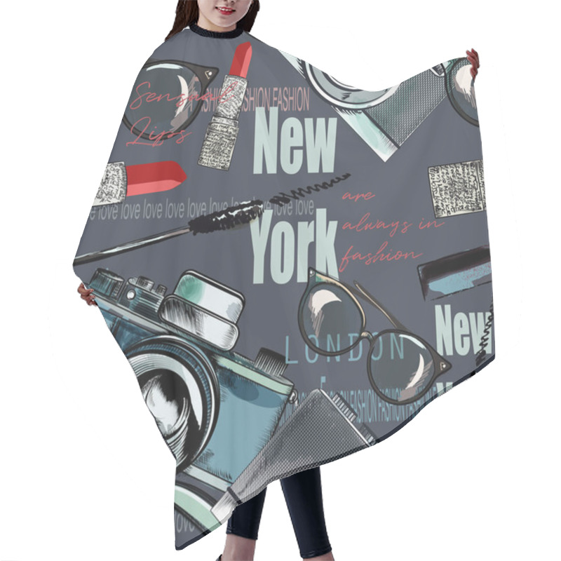 Personality  Fashion Vector Pattern With  Lipstick, Camera, Glasses, Words New York, London, Paris Hair Cutting Cape