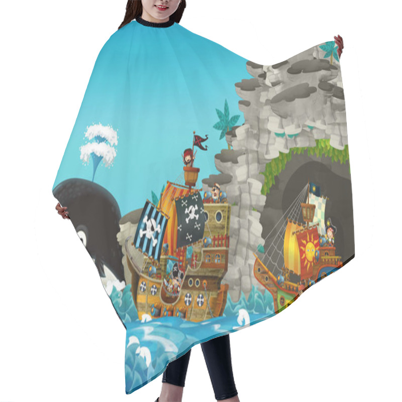 Personality  Cartoon Scene With Pirate Ship Sailing Through The Seas Sailing Out Of Secret Cave - Illustration For Children Hair Cutting Cape