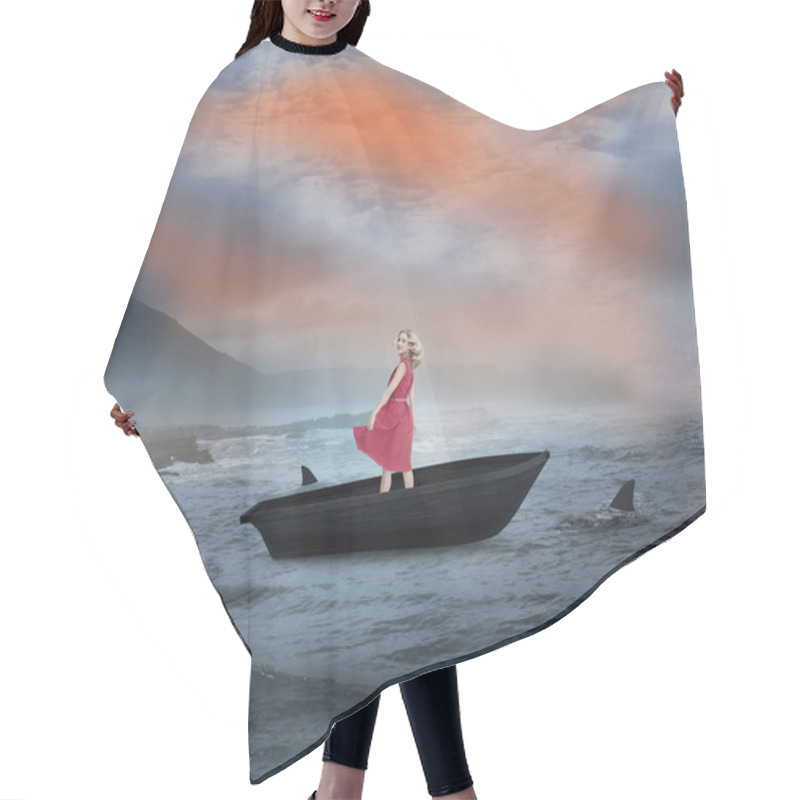 Personality  Smiling Blonde Turning In A Sailboat Hair Cutting Cape