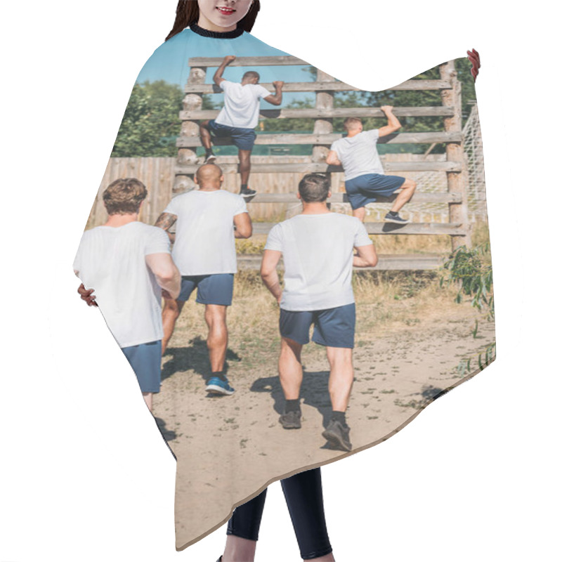 Personality  Back View Of Multicultural Soldiers Practicing Obstacle Run On Range On Summer Day Hair Cutting Cape