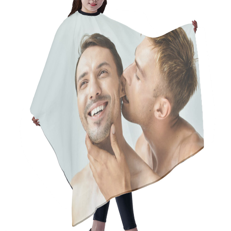 Personality  Two Young Men Express Affection, Enjoying An Intimate And Playful Connection Together. Hair Cutting Cape