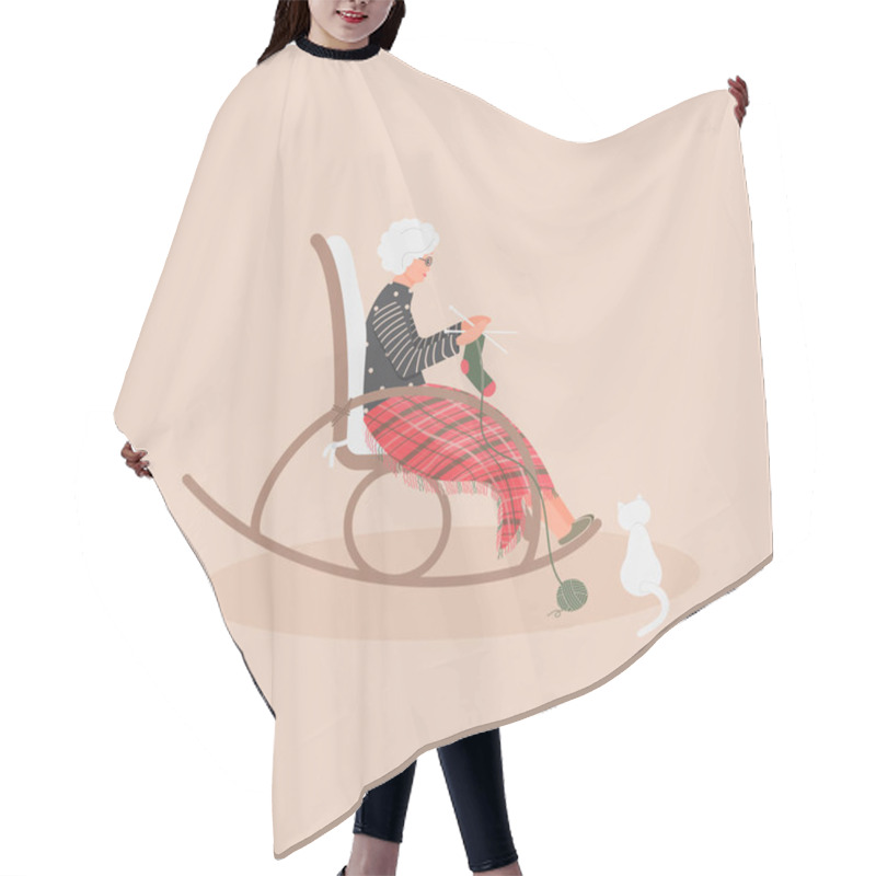 Personality  Elderly Cute Woman Is Sitting In A Rocking Chair.Old Lady Covered Her Feet With Checked Woollen Plaid.Cartoon Granny Is Knitting A Sock In A Comfortable Rocker.White Cat Sit Next.Vector Illustration Hair Cutting Cape