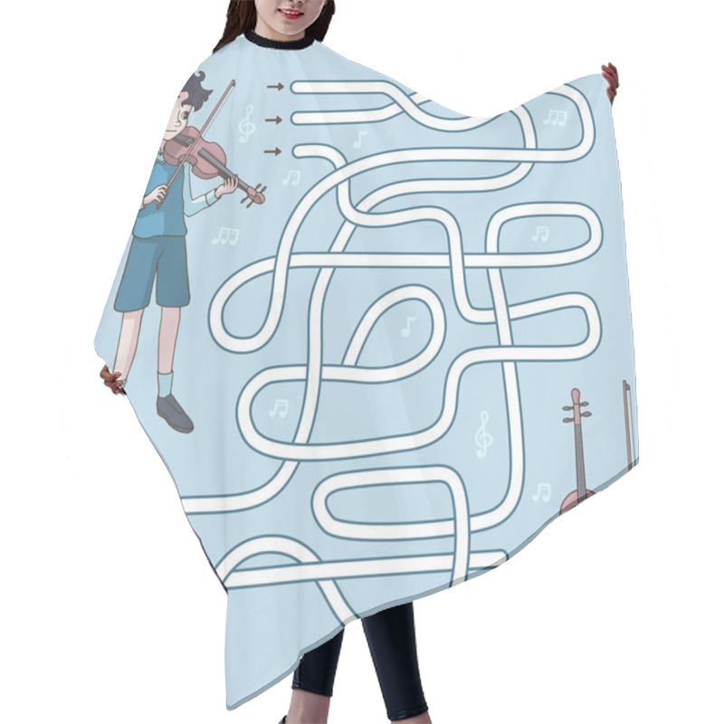 Personality  Labyrinth. Maze Game For Kids. Help Cute Cartoon Violinist Find Path To His Violin. Vector Illustration. Light Blue And Brown Pastel Colors. Hair Cutting Cape