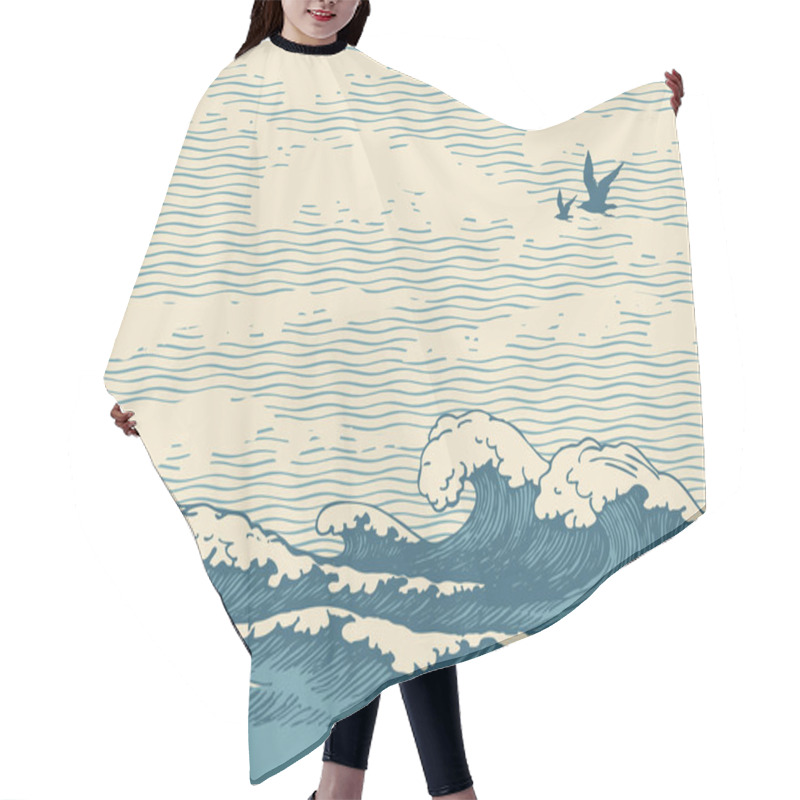 Personality  Vector Hand-drawn Seascape In Retro Style With Waves, Seagulls And Clouds In The Sky. Decorative Illustration Of The Sea Or Ocean, Water Waves On The Old Paper Background Hair Cutting Cape