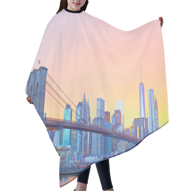 Personality  New York City, Manhattan Downtown Panorama With Famous Landmark Brooklyn Bridge Hair Cutting Cape