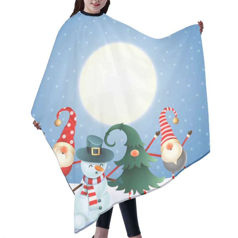 Personality  Scandinavian Gnomes And Snowman Celebrate New Year In Front Of Magical Moon -blue Snowy Background Hair Cutting Cape