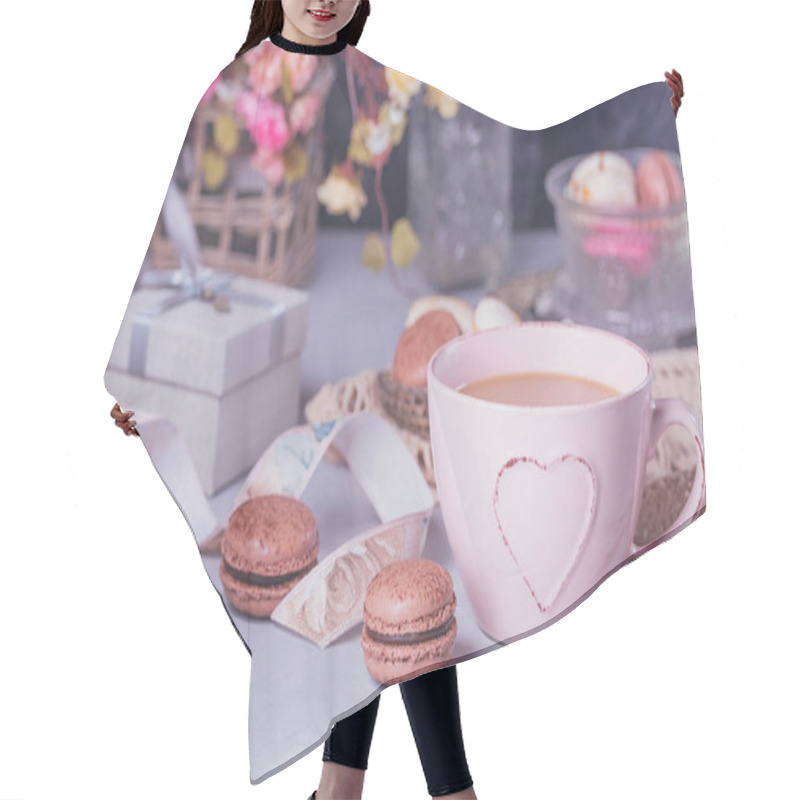 Personality  Pink Coffee Mug With Sweet Pastel French Macaroons, Gift Box And Hair Cutting Cape