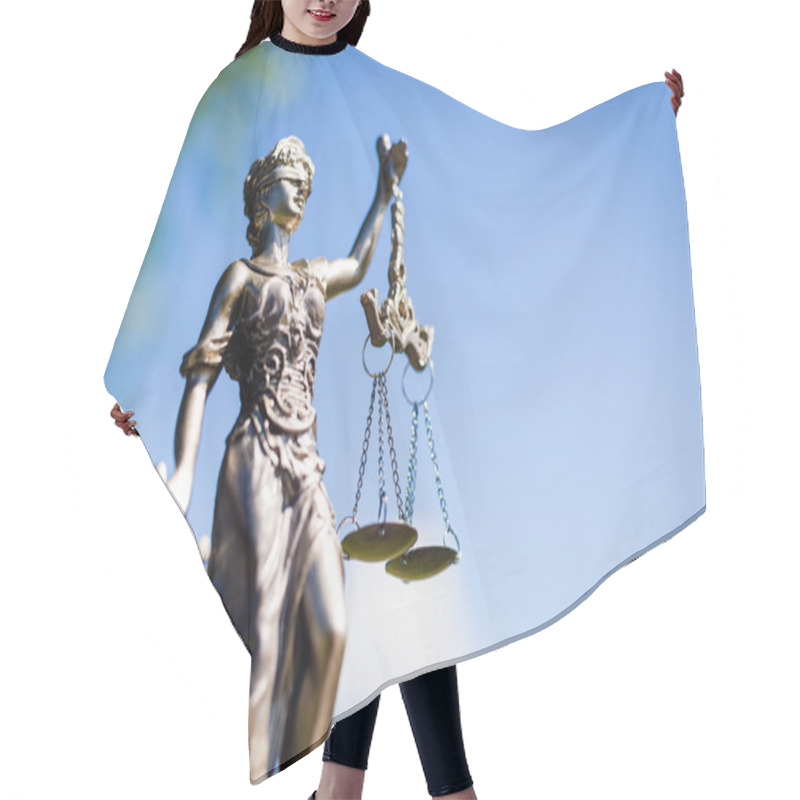 Personality  Sculpture Of Themis, Femida Or Justice Goddess On Bright Blue Sky Outdoors Copyspace Background Hair Cutting Cape