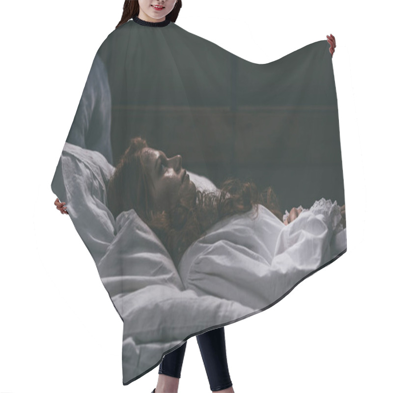 Personality  Crazy Demoniacal Woman In Nightgown Lying In Bed Hair Cutting Cape