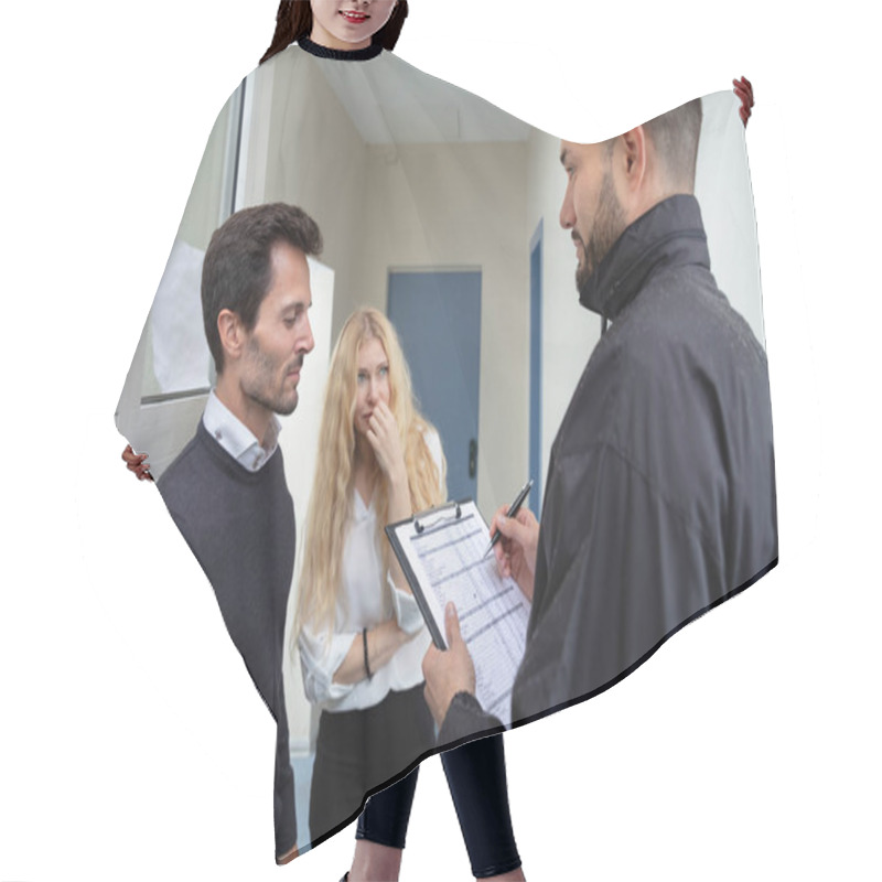 Personality  Bailiff Talking With Sad Couple At Home Entrance Hair Cutting Cape