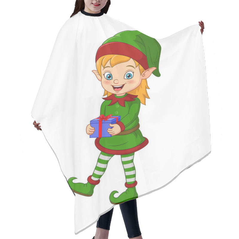 Personality  Vector Illustration Of Cartoon Christmas Elf Holding A Gift Hair Cutting Cape