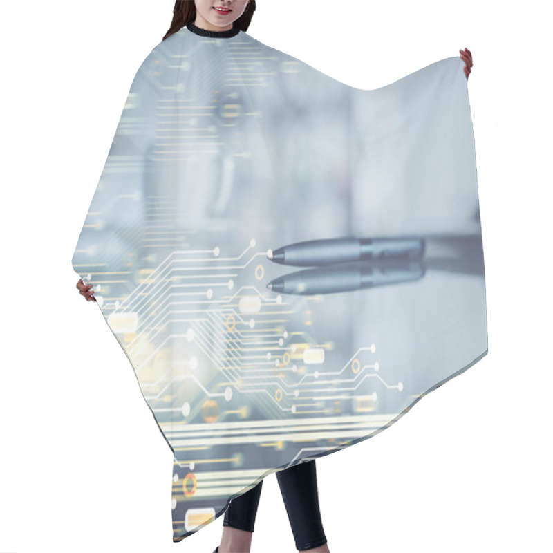 Personality  Double Exposure Of Ai Data Theme Drawing Over Coffee Cup Background In Office. Hair Cutting Cape