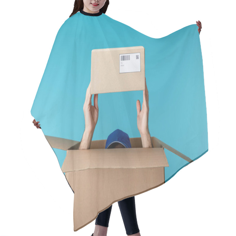 Personality  Cropped View Of Courier In Cap Holding Cardboard Package From Box Isolated On Blue Hair Cutting Cape