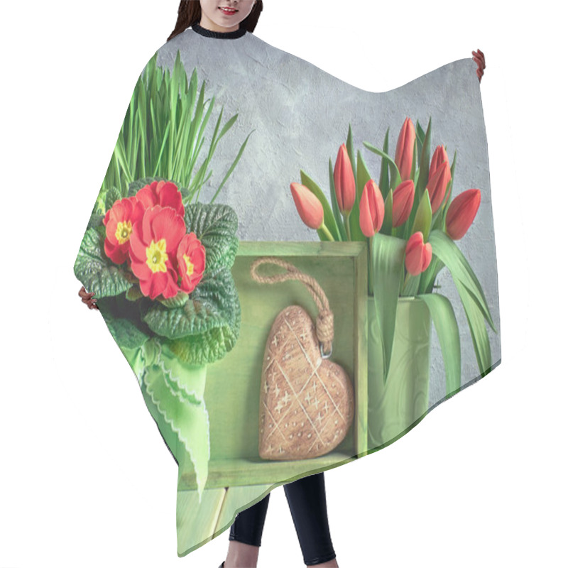 Personality  Easter Composition With Red Tulips And Primrose Flowers, Green B Hair Cutting Cape