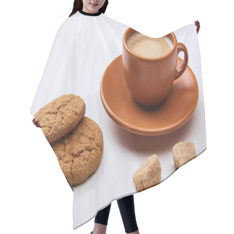 Personality  Tasty Coffee With Foam In Cup On Saucer Near Brown Sugar And Sweet Cookies On White Background Hair Cutting Cape