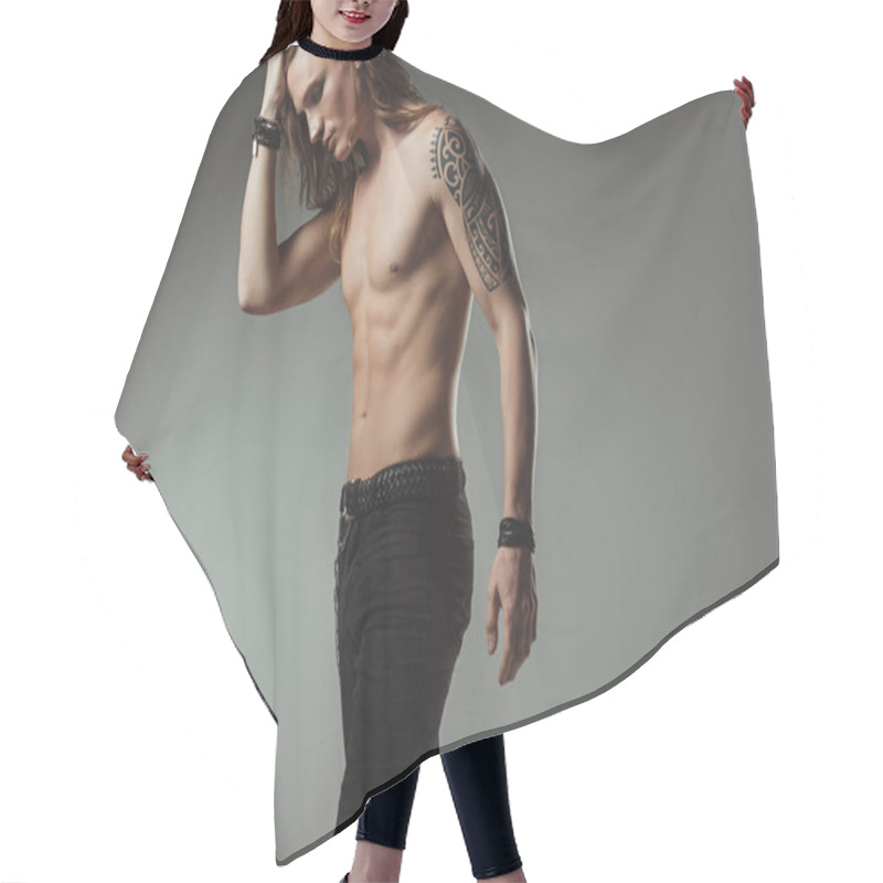 Personality  Stylish Shirtless Man With Tattoo Posing In Black Jeans, Isolated On Grey Hair Cutting Cape