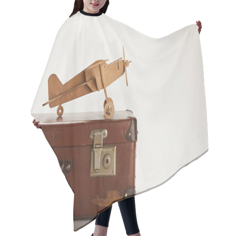 Personality  Toy Plane And Leather Suitcase On Grey Background With Copy Space  Hair Cutting Cape