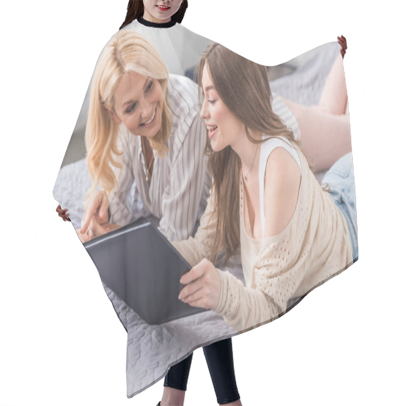 Personality  Cheerful Mother And Daughter Lying On Bed And Looking At Photo Album Hair Cutting Cape