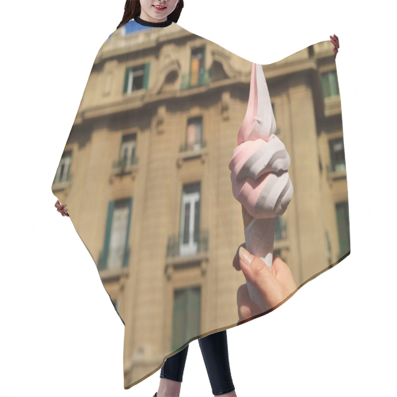 Personality  Woman Hand Holding Two Tone Soft Serve Ice Cream Cone With Blurred Vintage Building In The Backdrop Hair Cutting Cape