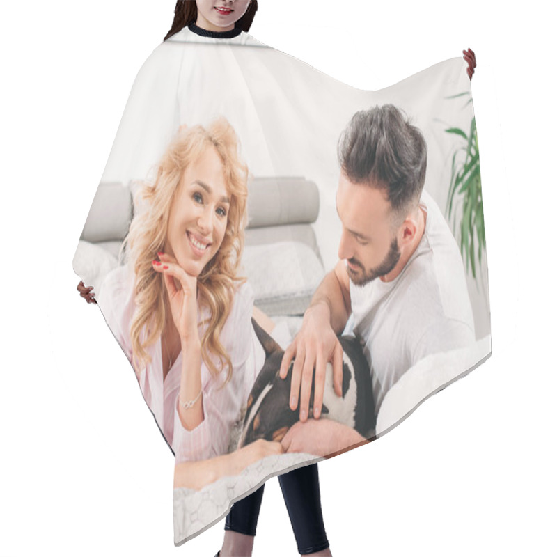 Personality  Happy Couple Lying On Bed With Dog Hair Cutting Cape