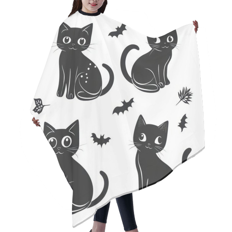 Personality  Four Playful Black Cats With Big Eyes And Whimsical Expressions Among Autumn Leaves And Bats. Hair Cutting Cape