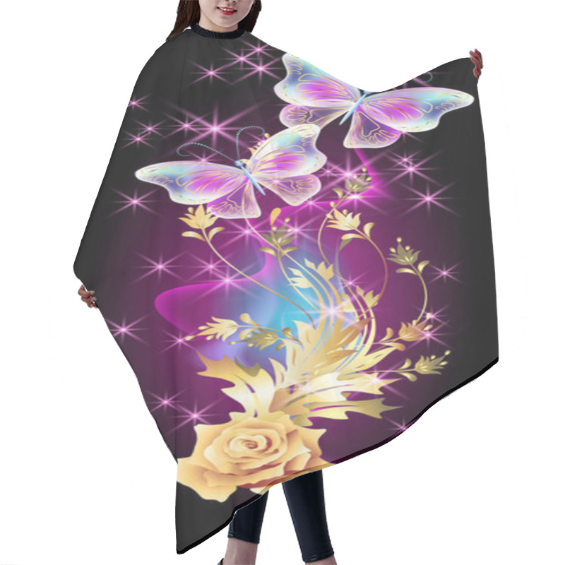 Personality  Transparent Butterflies With Golden Ornament And Glowing Firewor Hair Cutting Cape