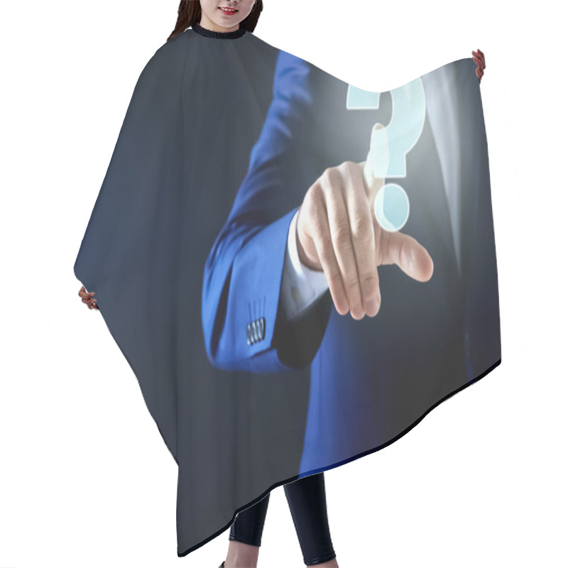 Personality  Businessman Using Virtual Screen With Question Mark Symbol On Dark Background, Closeup Hair Cutting Cape