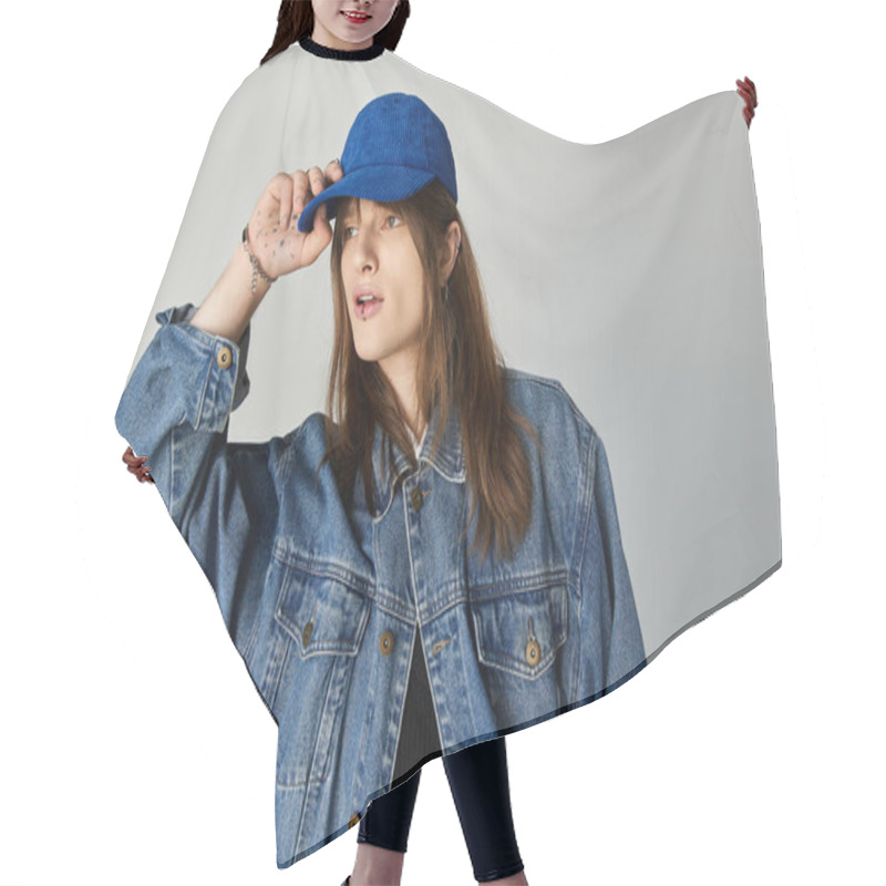 Personality  A Young Man Poses Playfully In His Trendy Outfit Against A Clean Backdrop. Hair Cutting Cape