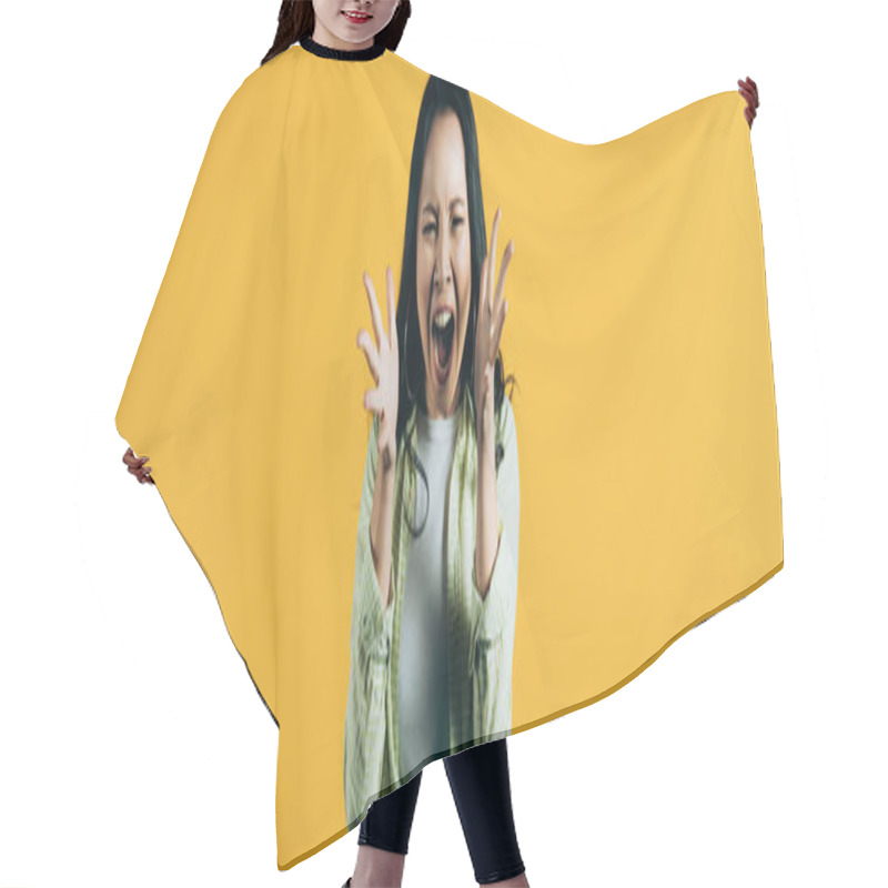 Personality  Angry Asian Woman Gesturing And Yelling Isolated On Yellow Hair Cutting Cape