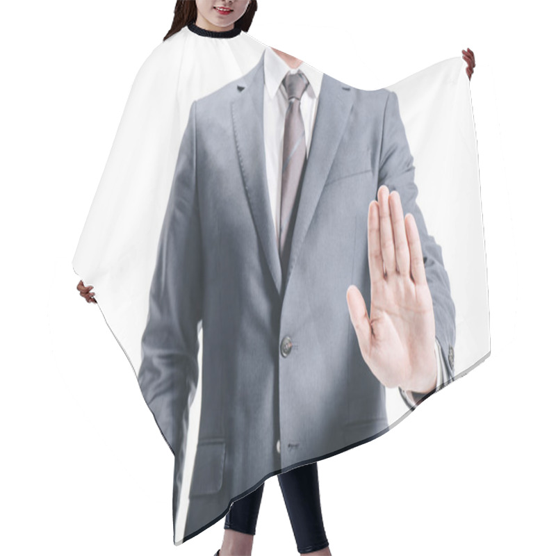 Personality  Cropped Image Of Businessman In Suit Showing No Sign Isolated On White Hair Cutting Cape