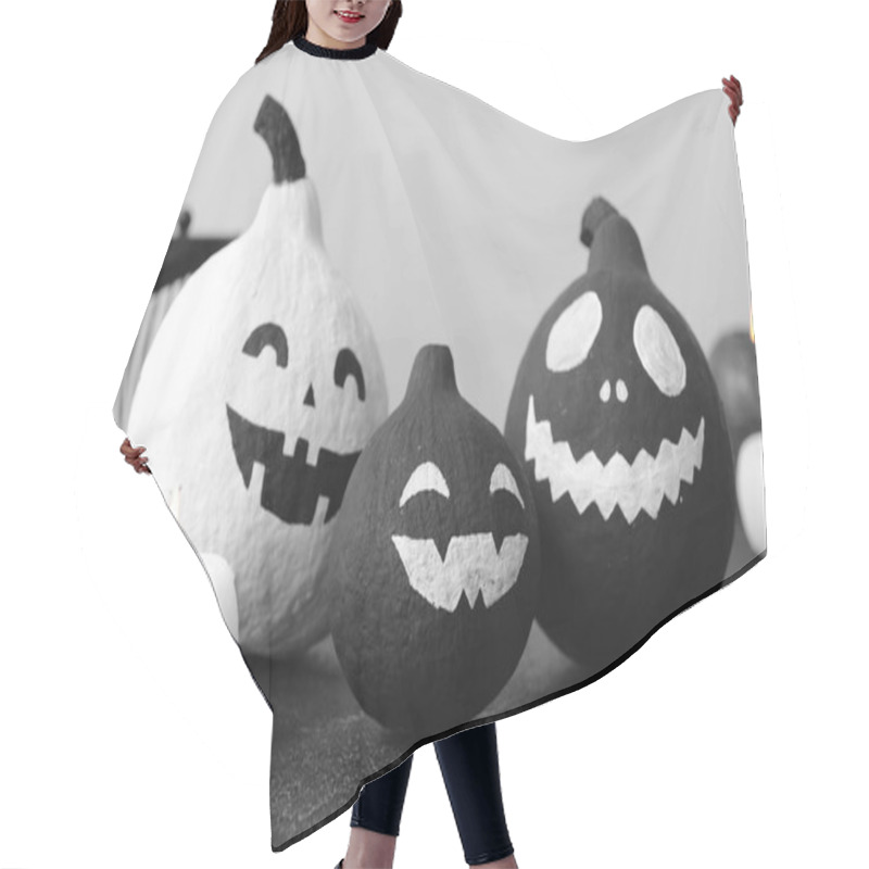 Personality  Halloween Pumpkins On Dark Table Against Light Background Hair Cutting Cape