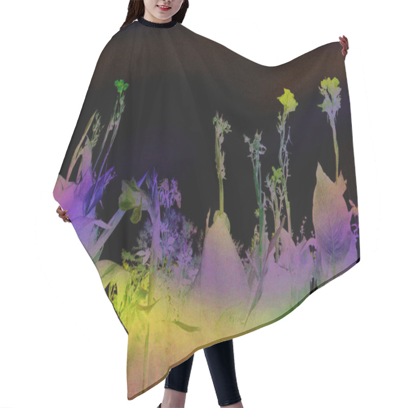 Personality  Multicoloured Flowers Blooming On A Lush Against The Black Night Sky. Surrealistic Floral Landscape. Floral Buds In Full Bloom. Summertime Landscape.  Hair Cutting Cape