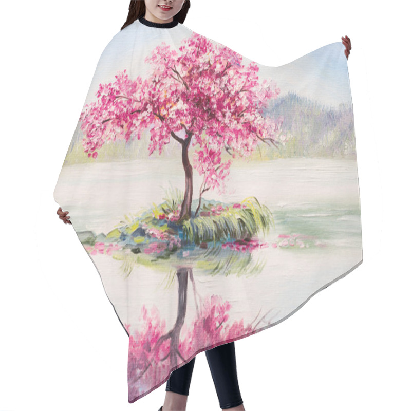 Personality  Oil Painting Landscape, Oriental Cherry Tree, Sakura On The Lake Hair Cutting Cape