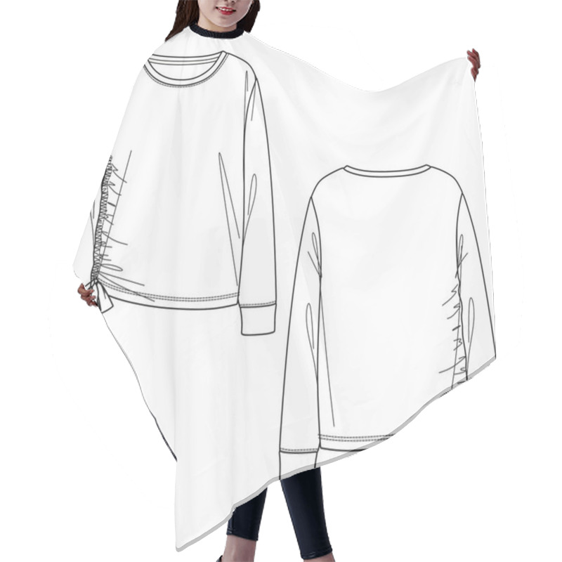 Personality  Vector Fashion Sketch Sweatshirt With Bow, Women Sweatshirt Technical Drawing, Fashion CAD Long Sleeved Top With Gathering Detail. Jersey Sweatshirt With Front, Back View, White Color Hair Cutting Cape