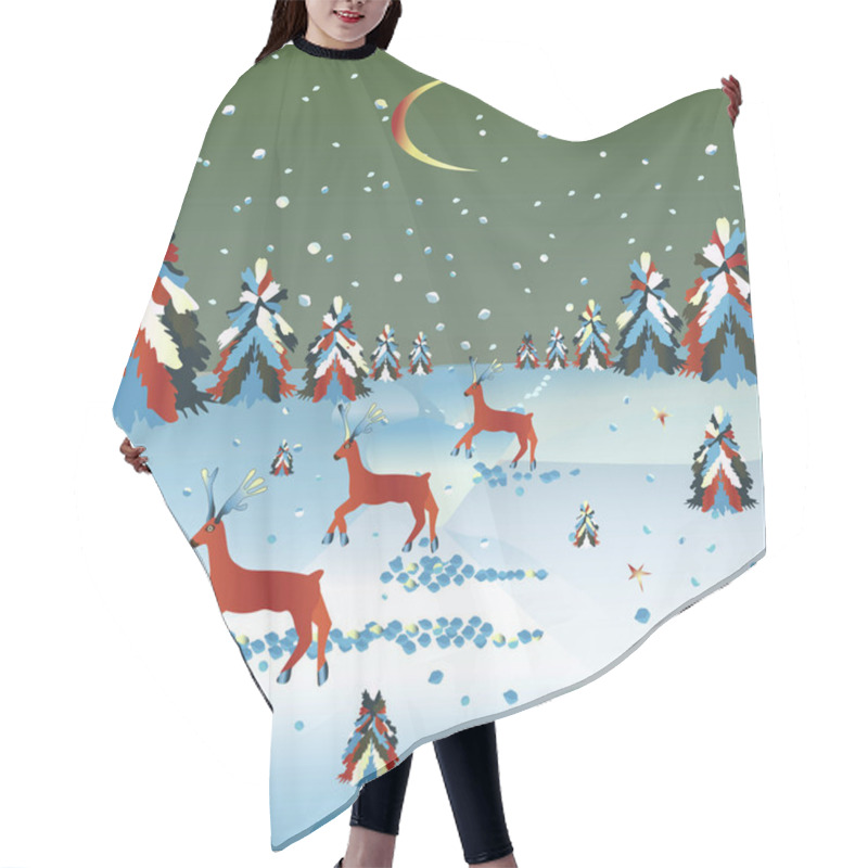 Personality  Winter Postcard. Hares And Deer, Snowfall, Christmas Trees. Hair Cutting Cape