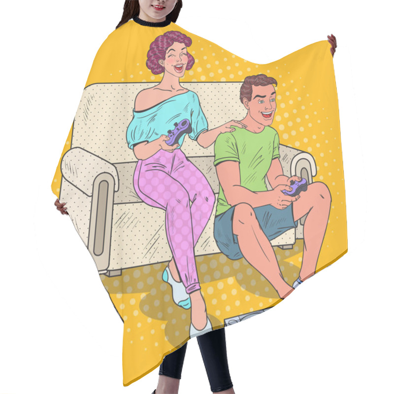 Personality  Pop Art Couple Playing Video Game At Home. Girl And Guy With Console Joystick. Vector Illustration Hair Cutting Cape