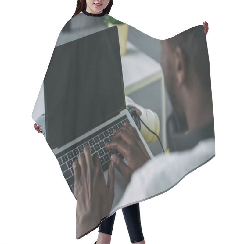 Personality  Cropped Shot Of African American Man Using Laptop With Blank Screen Hair Cutting Cape