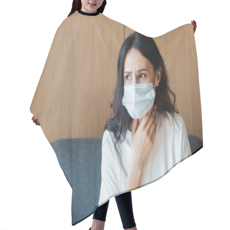 Personality  Ill Woman In Medical Mask Sitting At Home On Self Isolation Hair Cutting Cape