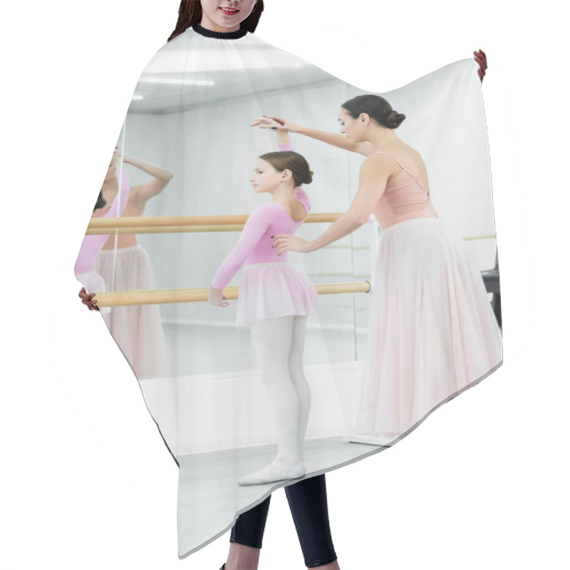 Personality  Ballet Teacher Raising Hand Of Girl Learning To Dance Ballet In Studio Hair Cutting Cape