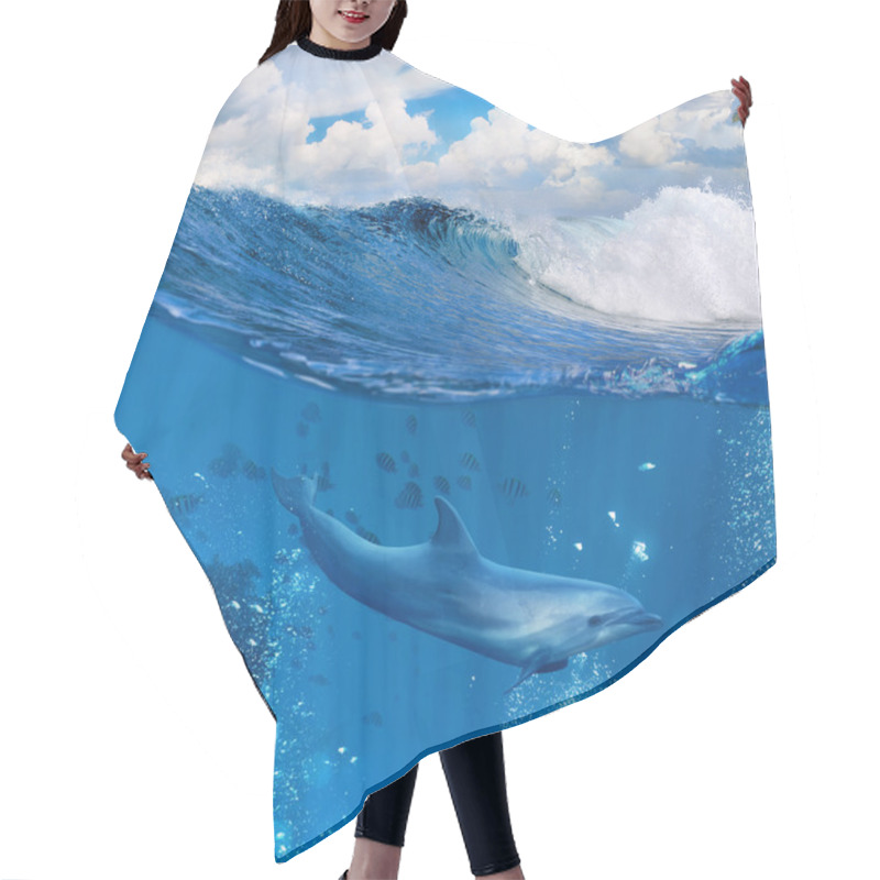 Personality  Ocean Wave Breaking And Dolphin Swimming Underwater Hair Cutting Cape