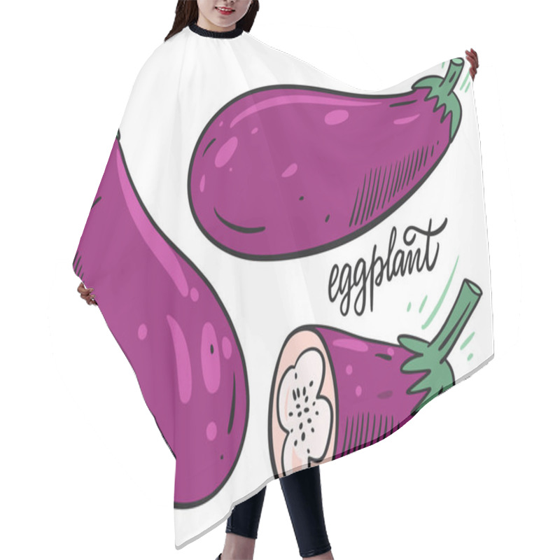 Personality  Whole And Slice Eggplant Set. Hand Drawn Vector Illustration In Cartoon Style. Isolated On White Background. Hair Cutting Cape